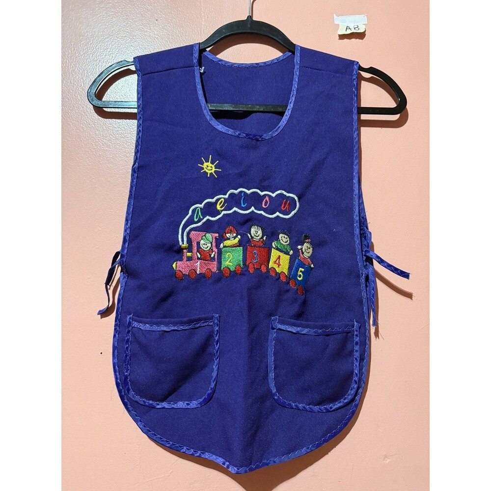 3/$15 Kids Apron Purple Kindergarden Preschool AEIOU Train Pockets Handmade